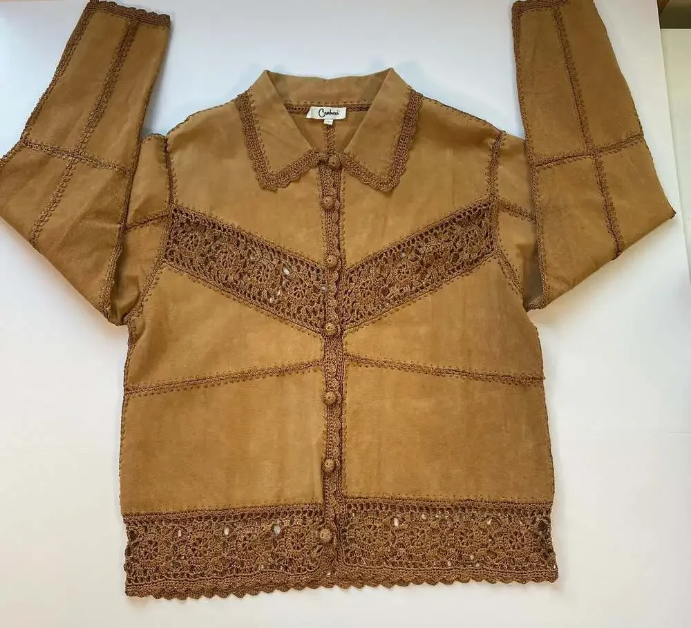 Carducci Vintage Suede Patchwork Jacket with Crochet Lace Trim Size L